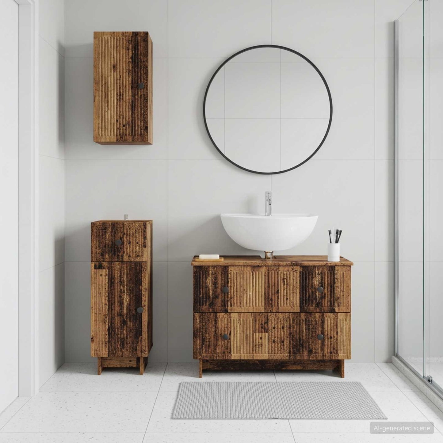 3 Piece Bathroom Cabinet Set EDE Old Wood Engineered Wood