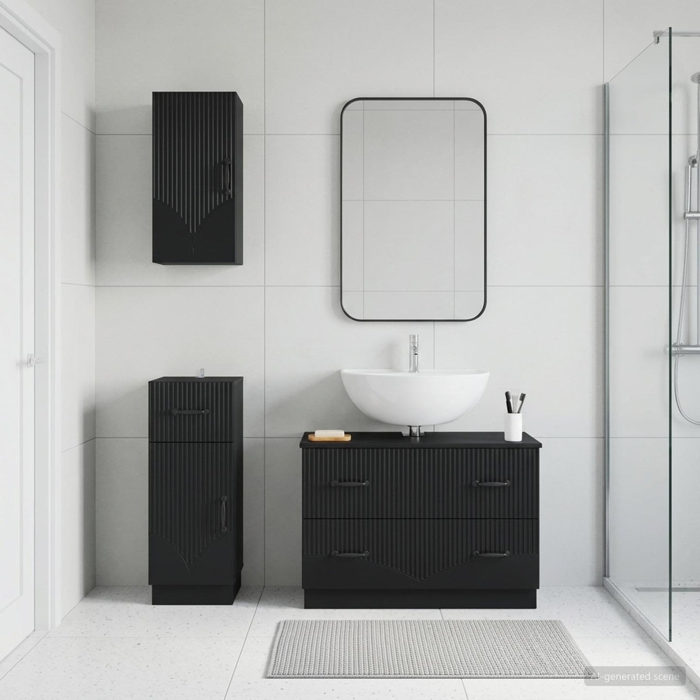 3 Piece Bathroom Cabinet Set HOORN Black Engineered Wood