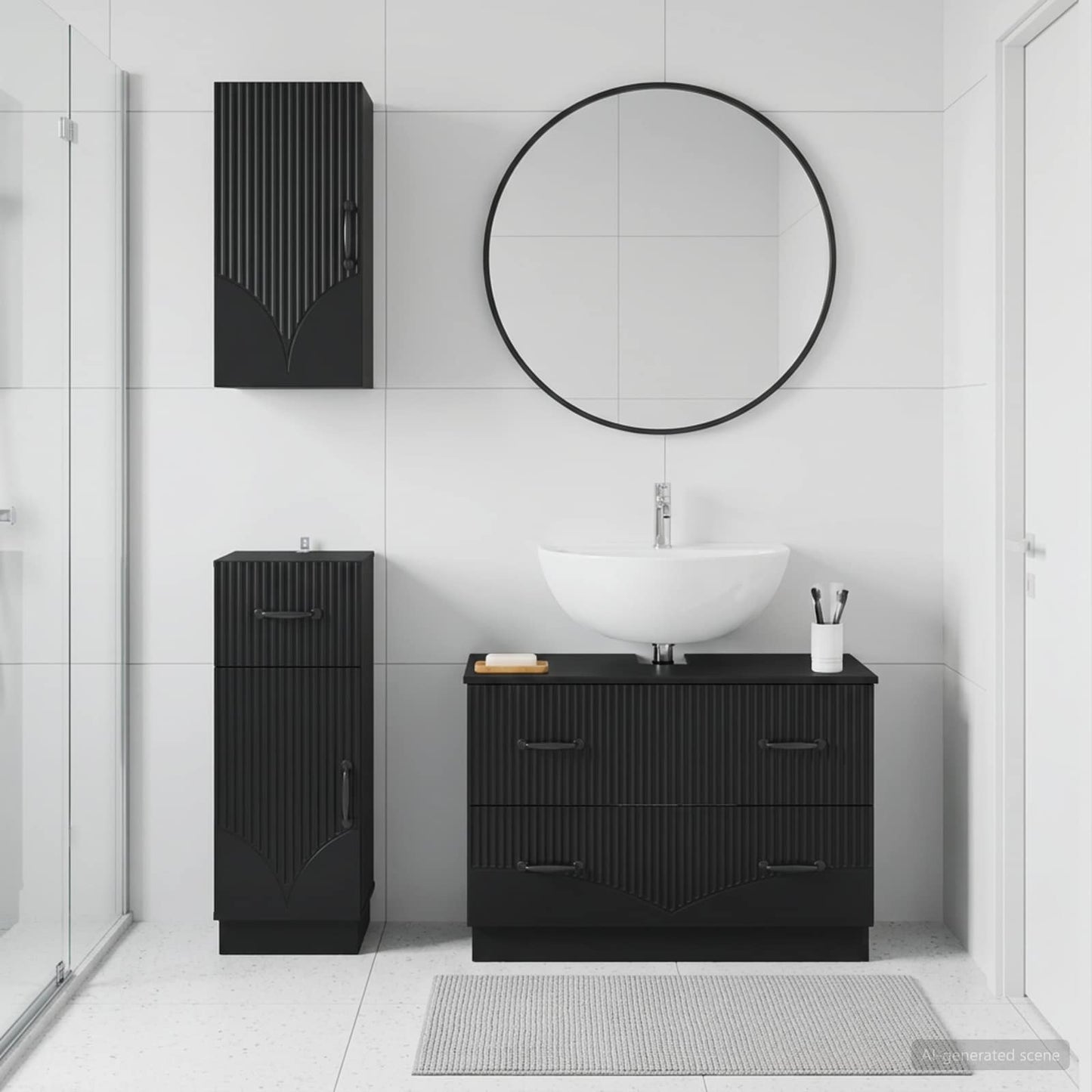 3 Piece Bathroom Cabinet Set HOORN Black Engineered Wood