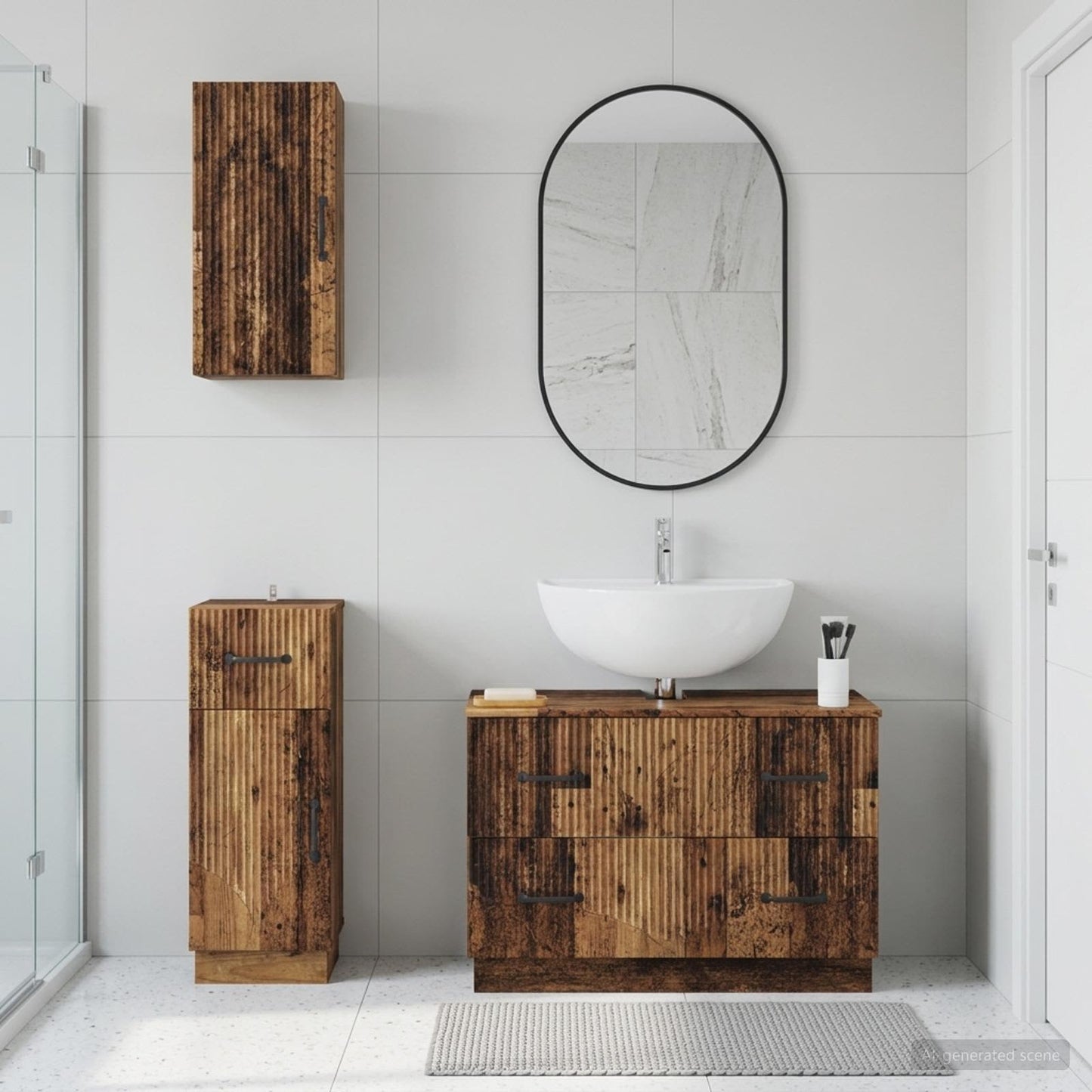 3 Piece Bathroom Cabinet Set HOORN Old Wood Engineered Wood