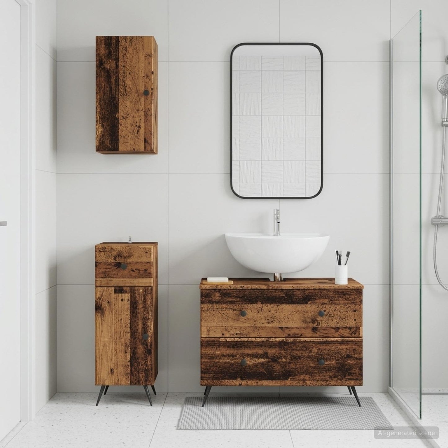 3 Piece Bathroom Cabinet Set BREDA Old Wood Engineered Wood
