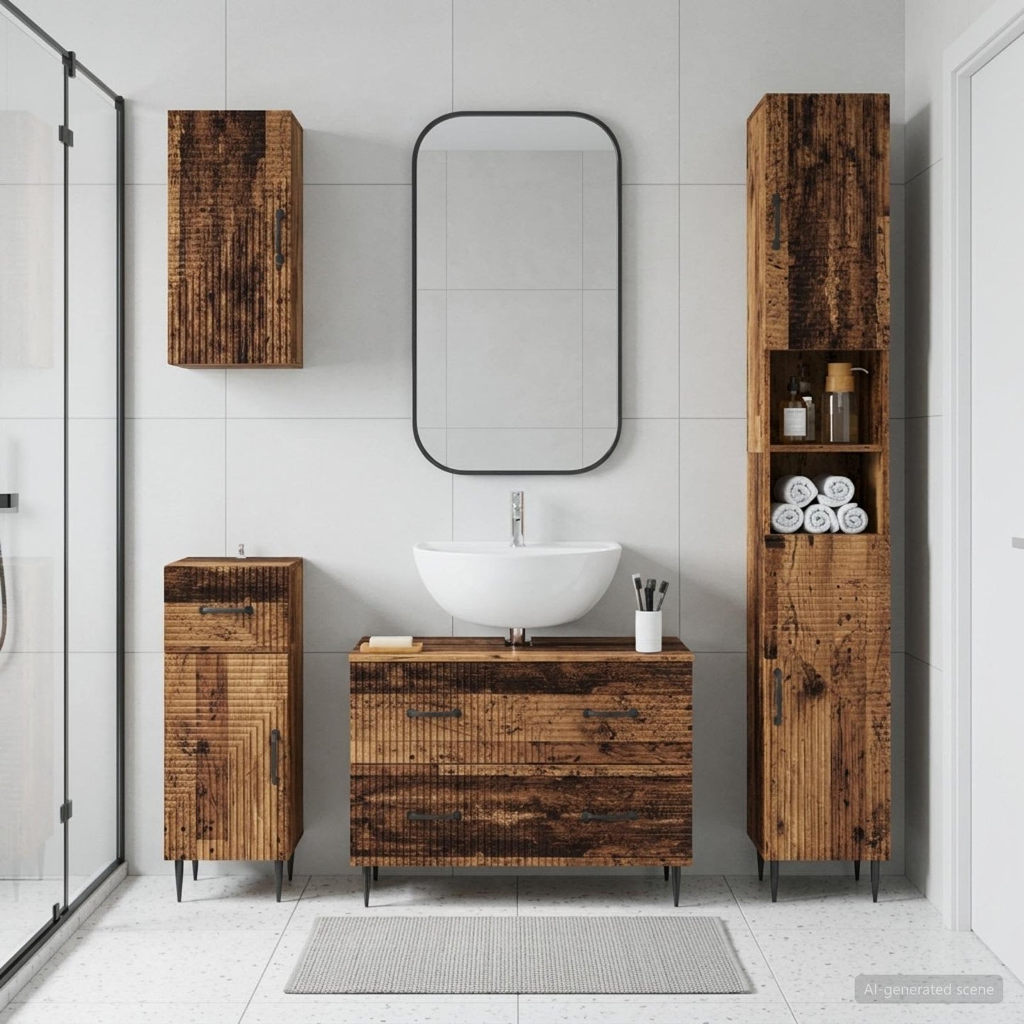 4 Piece Bathroom Cabinet Set HAARLEM Old Wood Engineered Wood