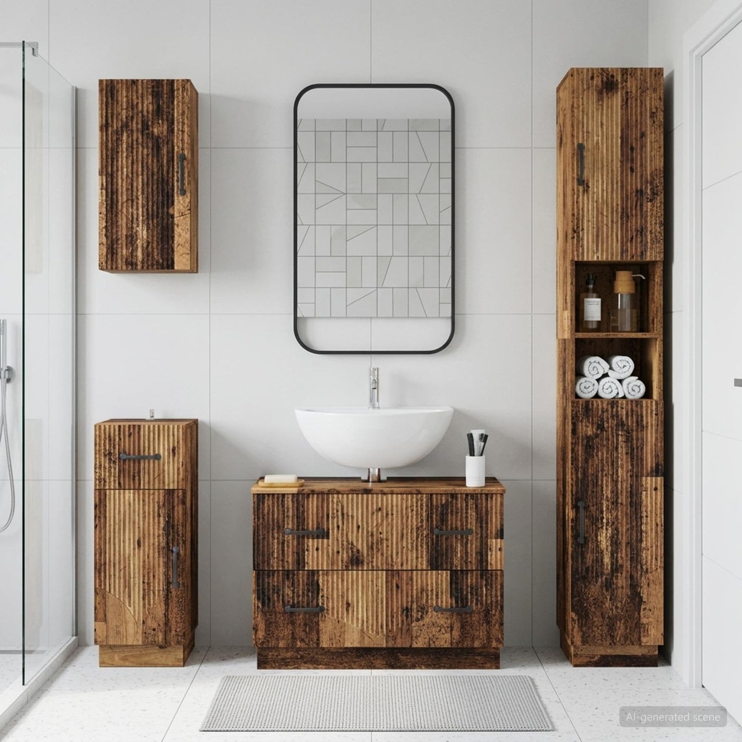 4 Piece Bathroom Cabinet Set HOORN Old Wood Engineered Wood