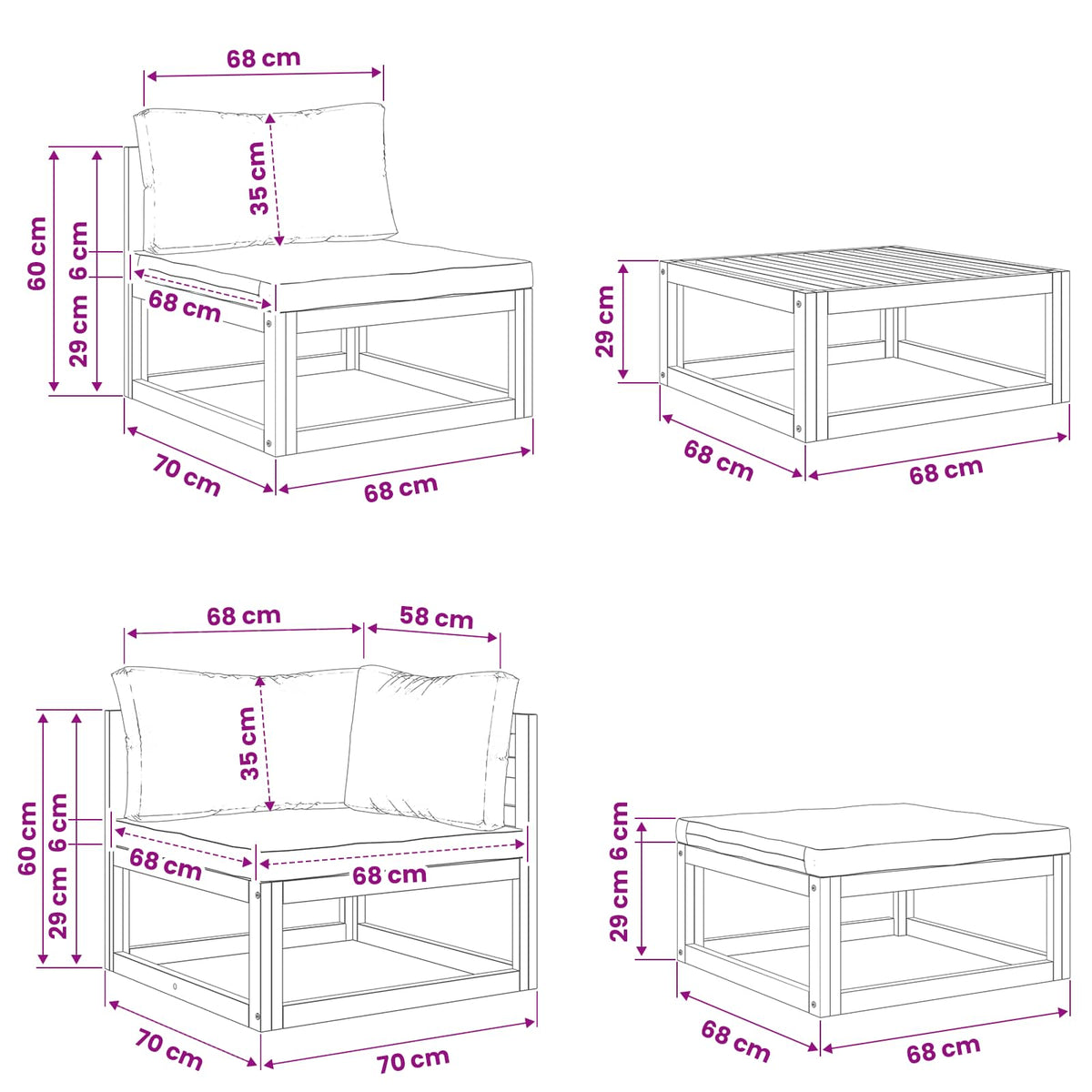 Sofa Set 12 pcs Natural Solid Acacia Wood