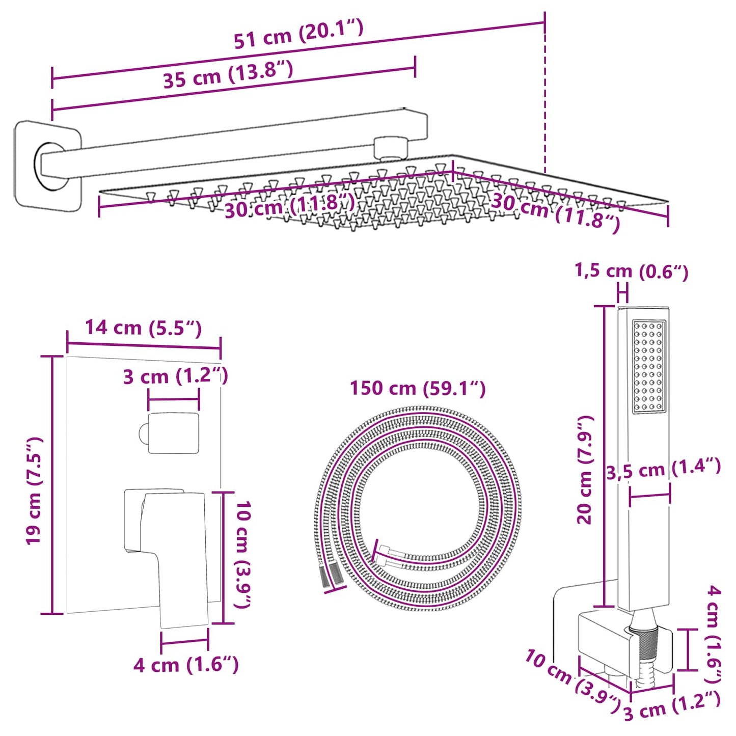 Concealed Shower System (Square) Gold Stainless Steel 201