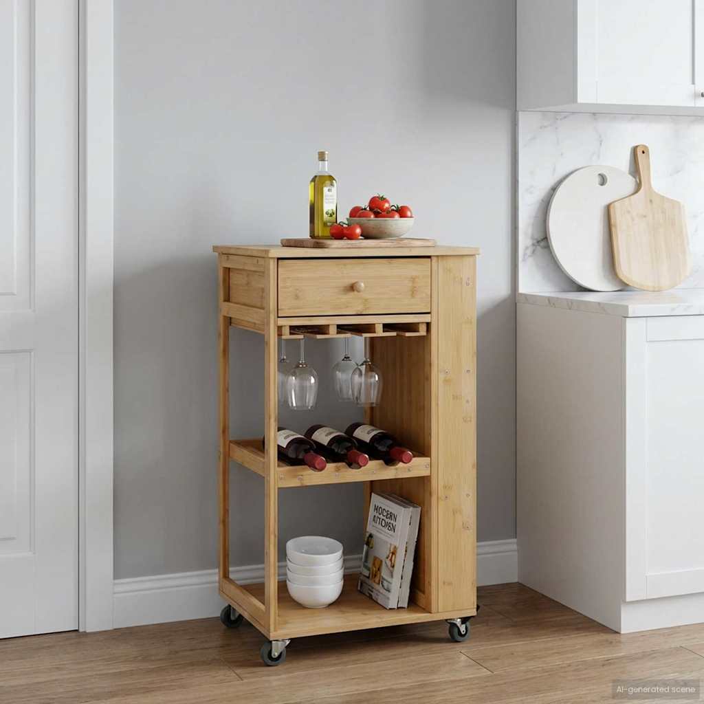 Kitchen Trolley with Wheels Natural 18.70 x 14.17 x 32.68 in