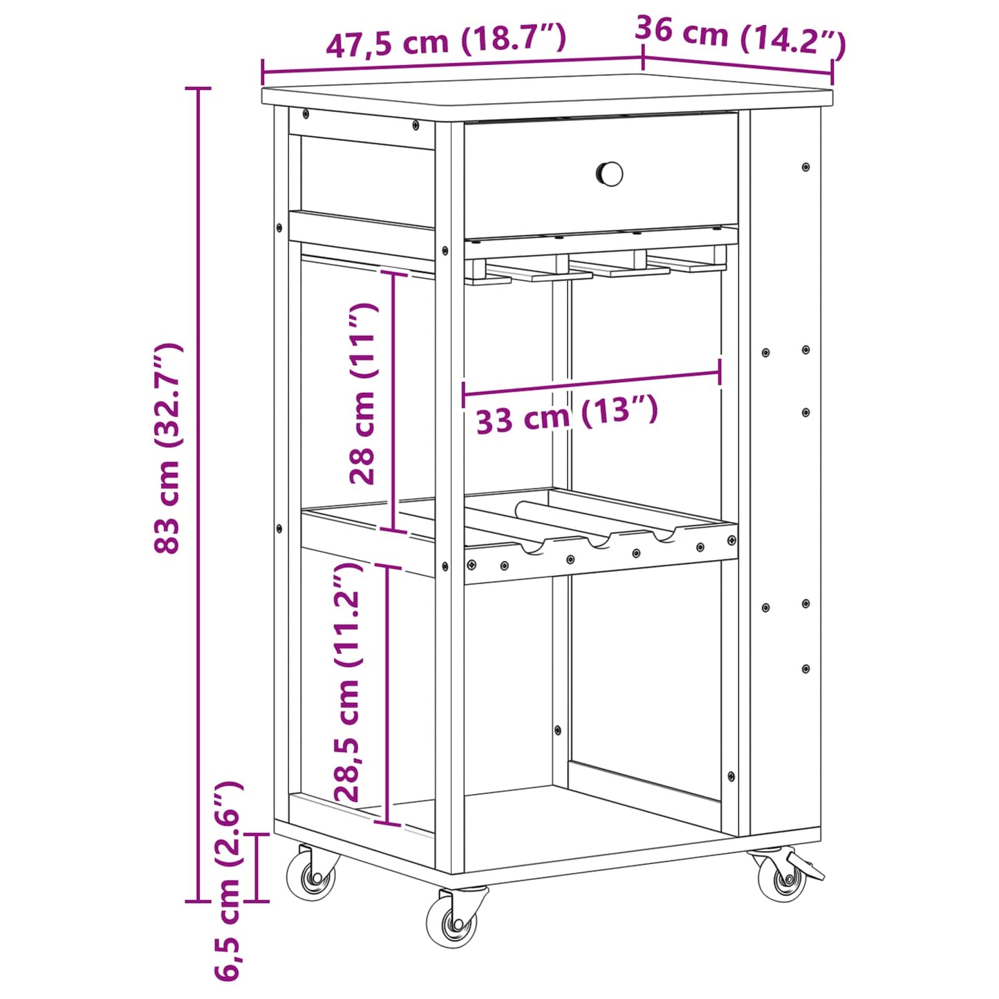 Kitchen Trolley with Wheels Natural 18.70 x 14.17 x 32.68 in