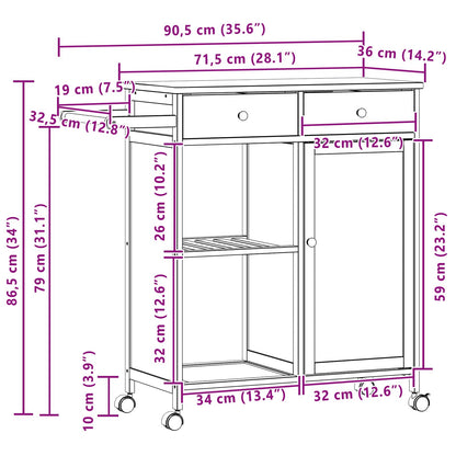 Kitchen Trolley with Wheels Natural 90.5 x 36 x 86.5 cm Bamboo