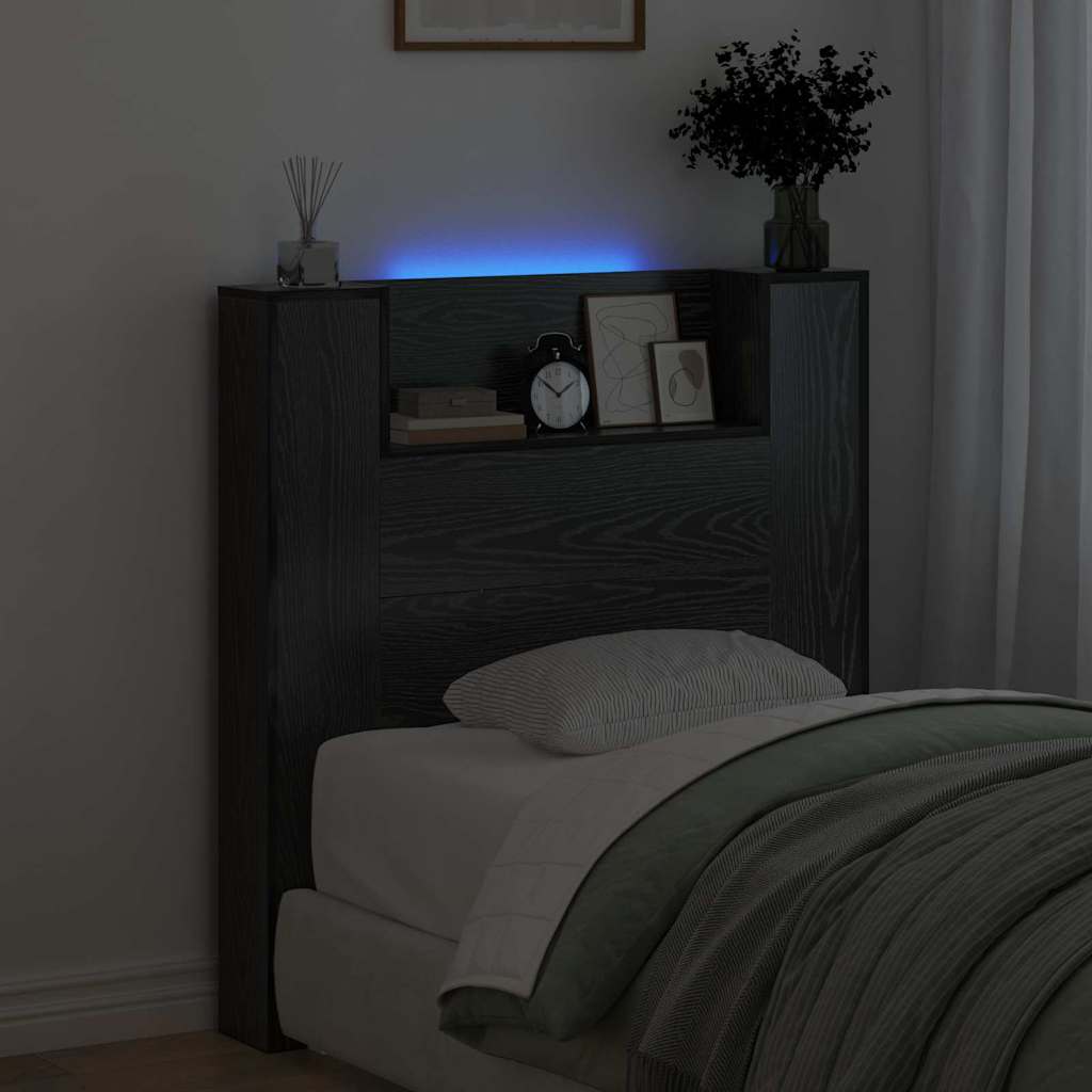 Storage Headboard with LED Black Oak Engineered Wood