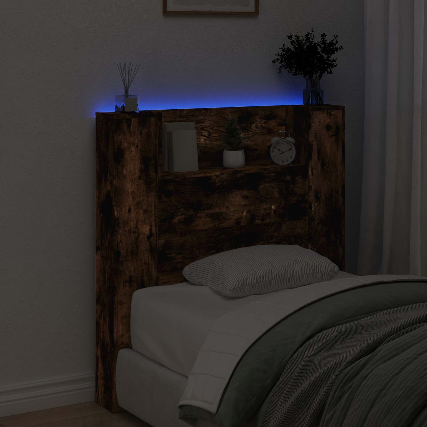 Storage Headboard with LED Smoked Oak Engineered Wood