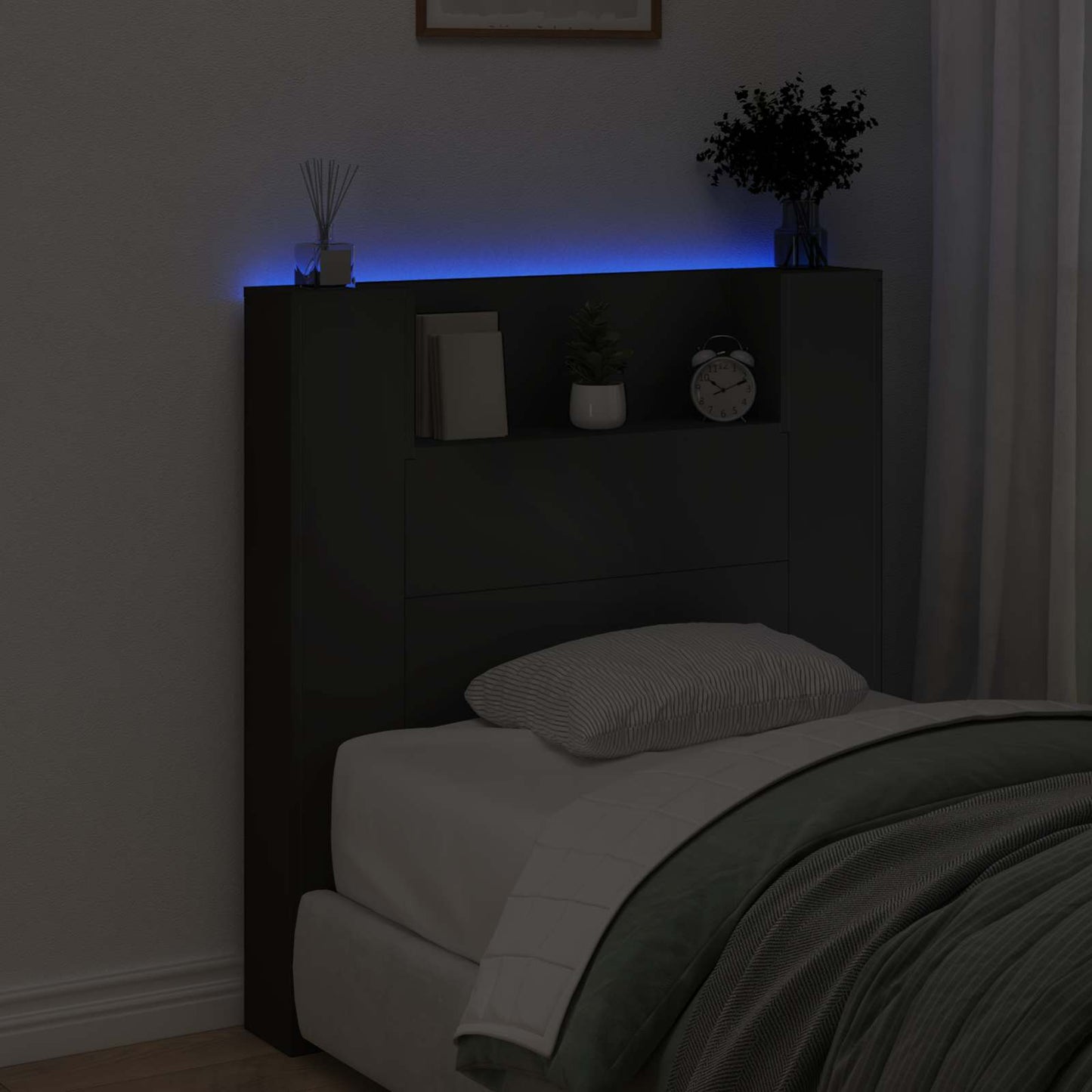 Storage Headboard with LED Black Engineered Wood