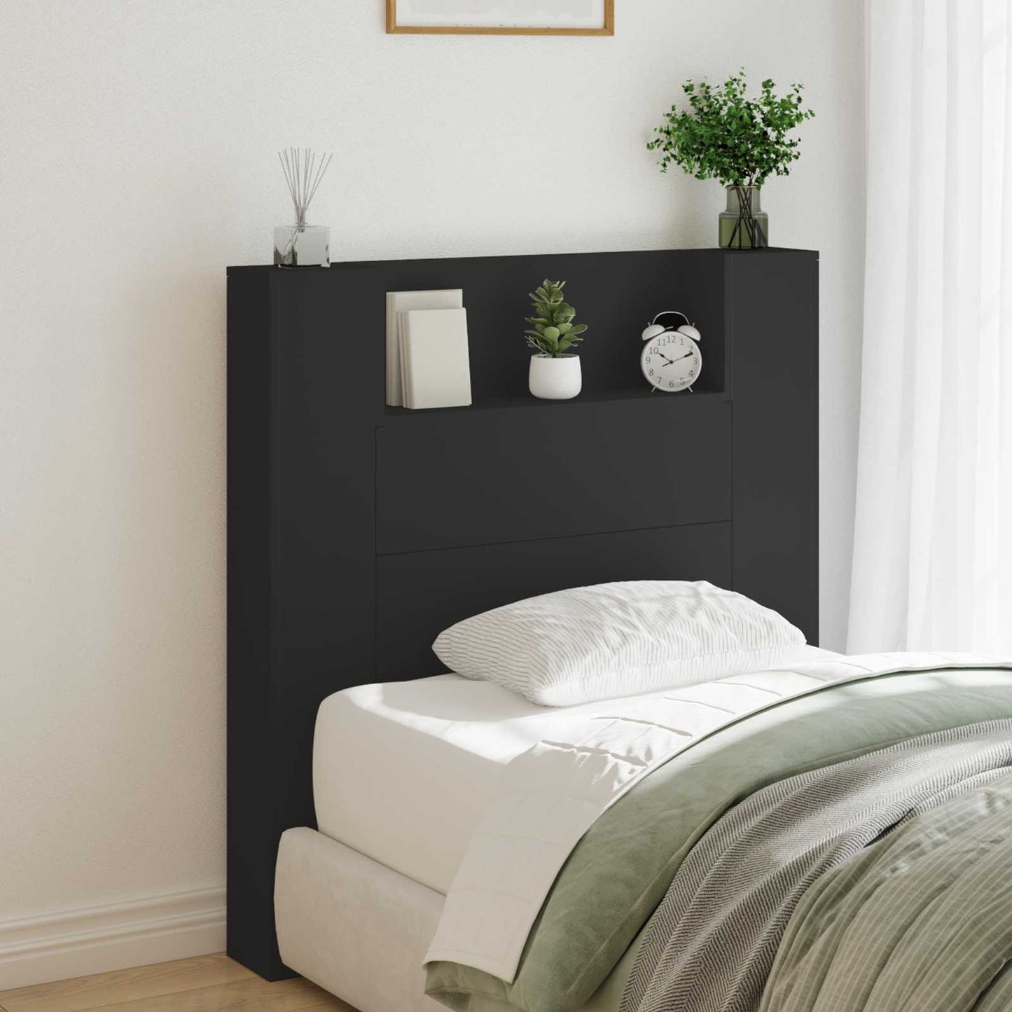 Storage Headboard with LED Black Engineered Wood