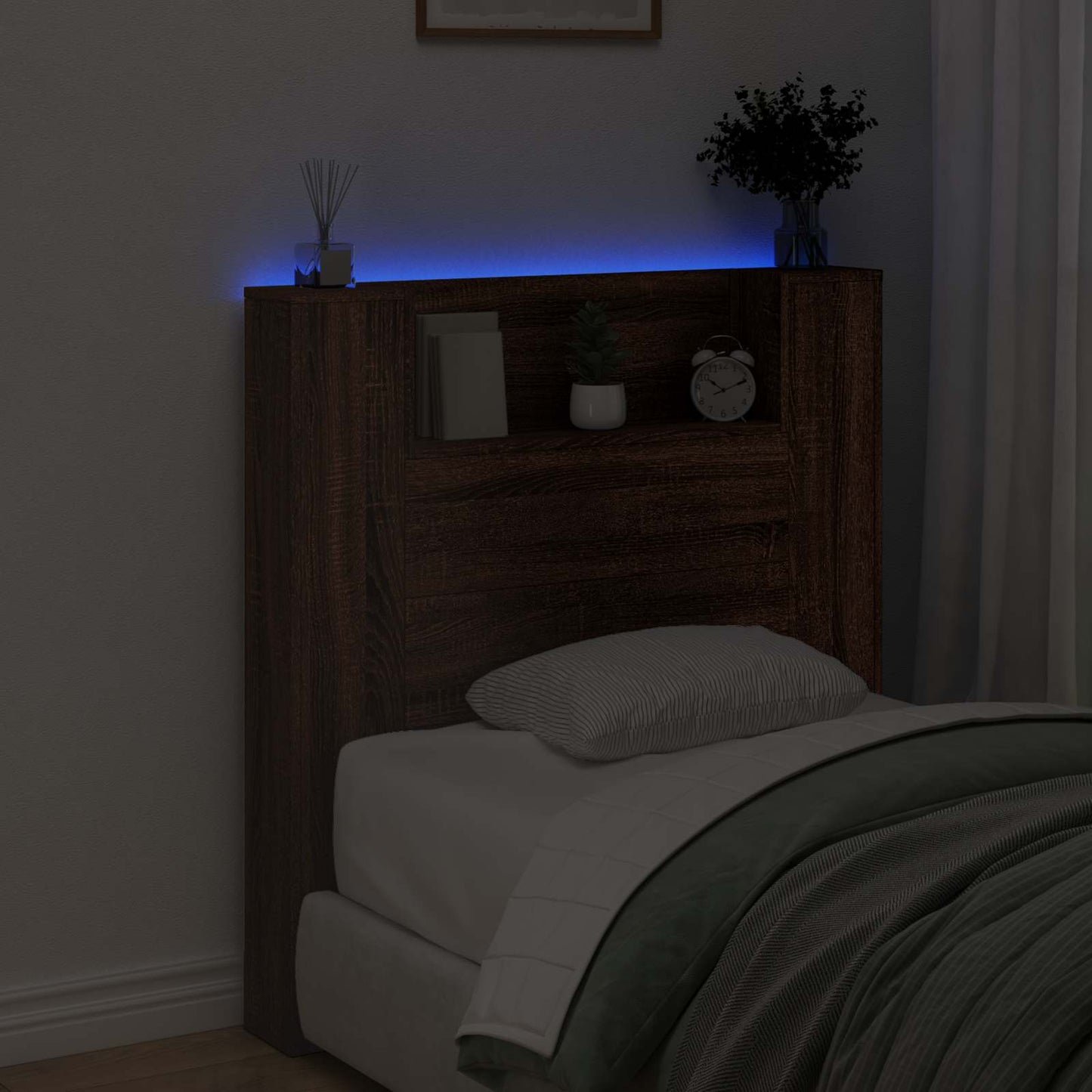 Storage Headboard with LED Brown Oak Engineered Wood
