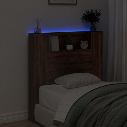 Storage Headboard with LED Brown Oak Engineered Wood