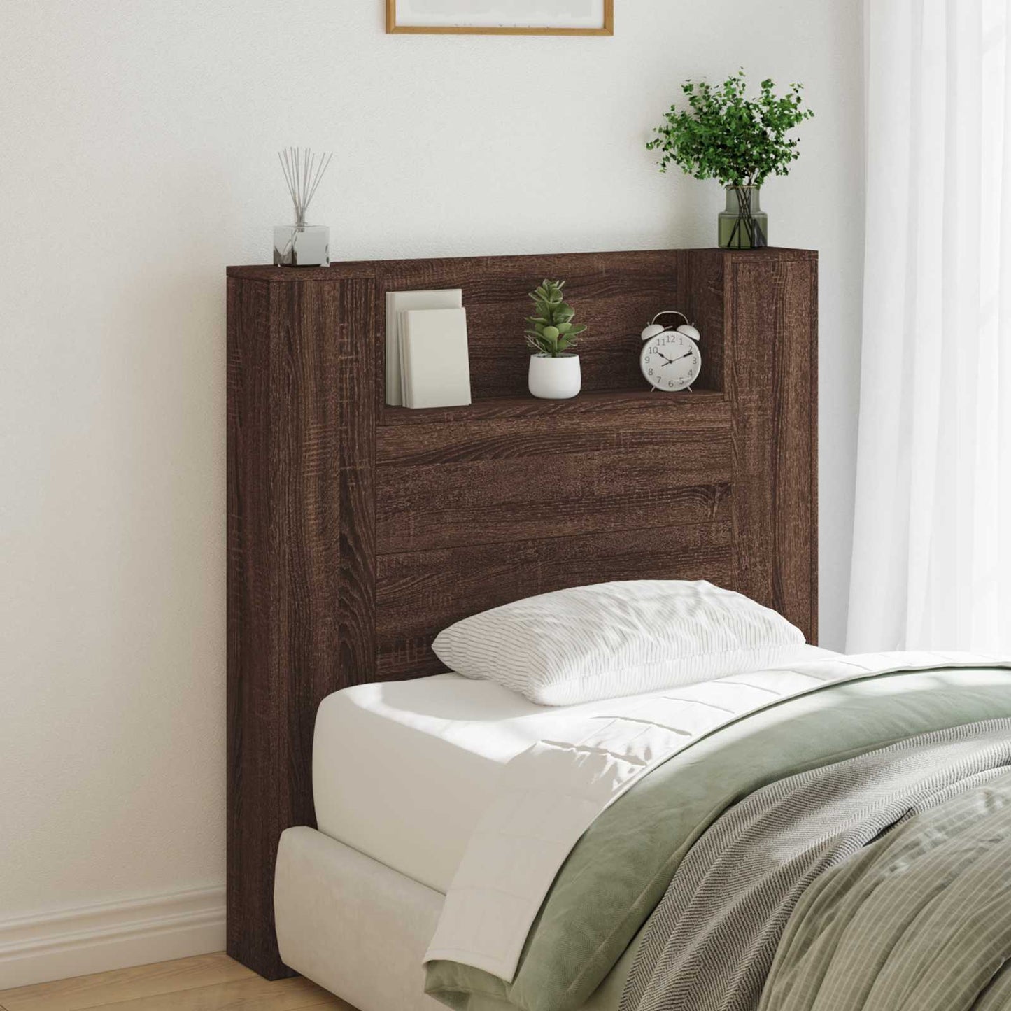 Storage Headboard with LED Brown Oak Engineered Wood