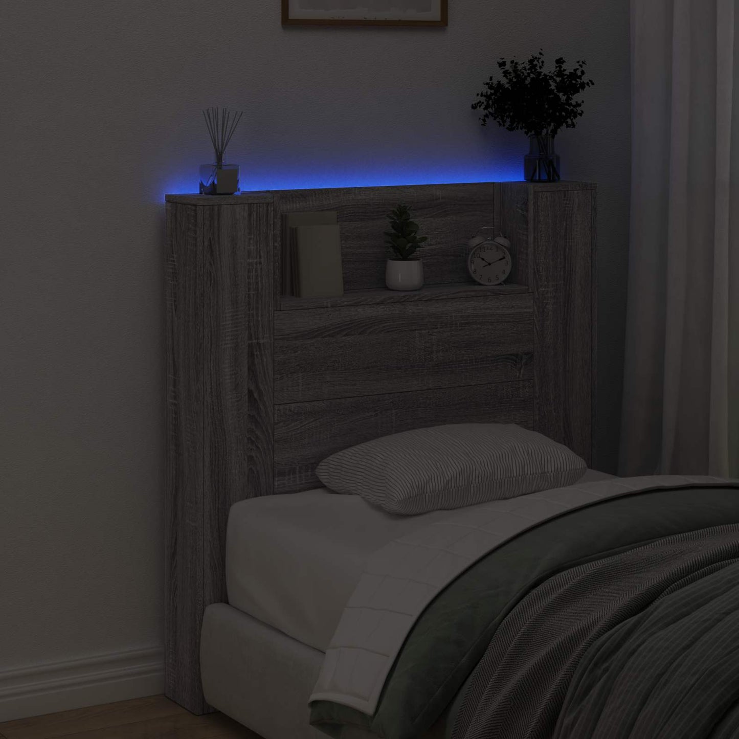 Storage Headboard with LED Grey Sonoma Engineered Wood