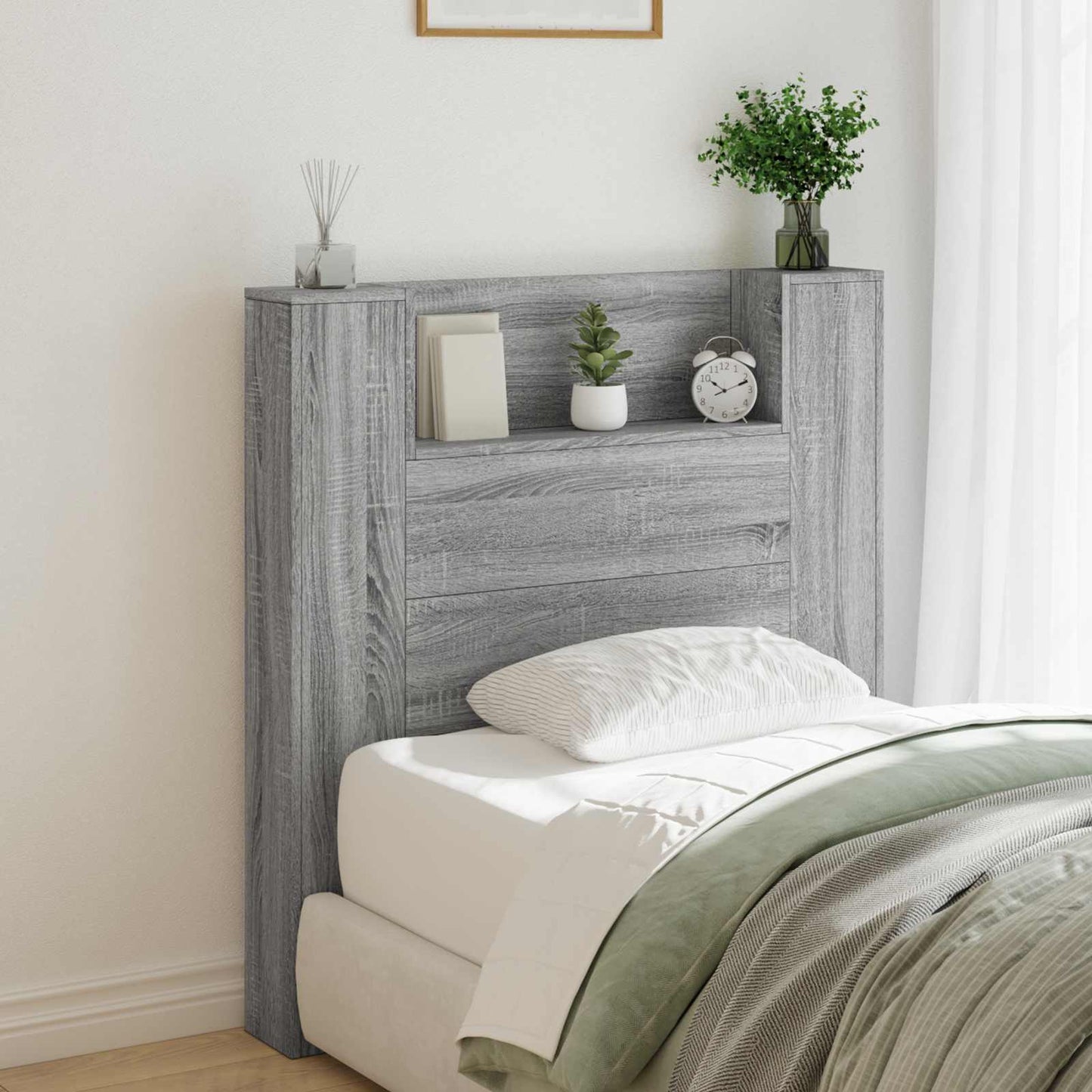 Storage Headboard with LED Grey Sonoma Engineered Wood
