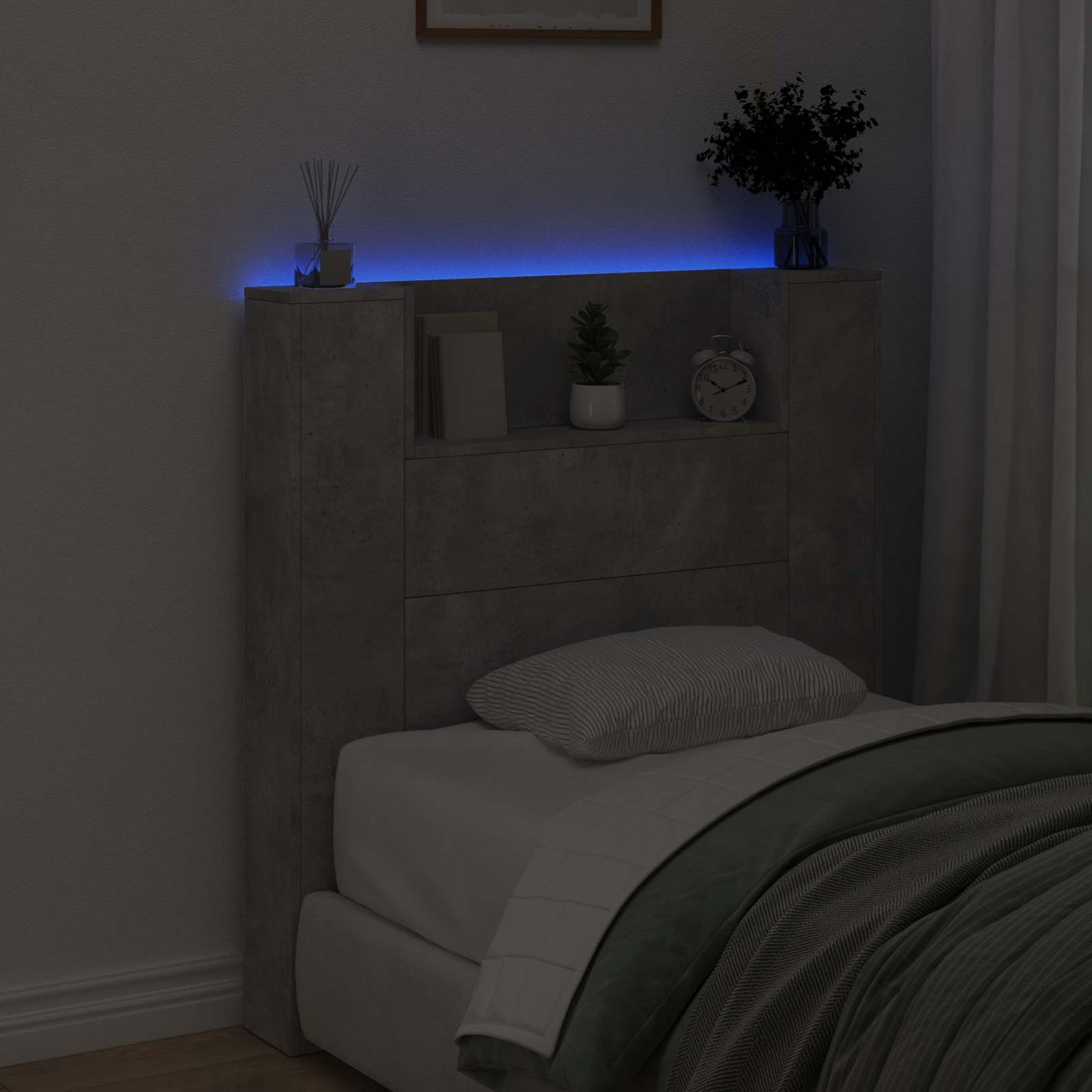 Storage Headboard with LED Concrete Grey Engineered Wood