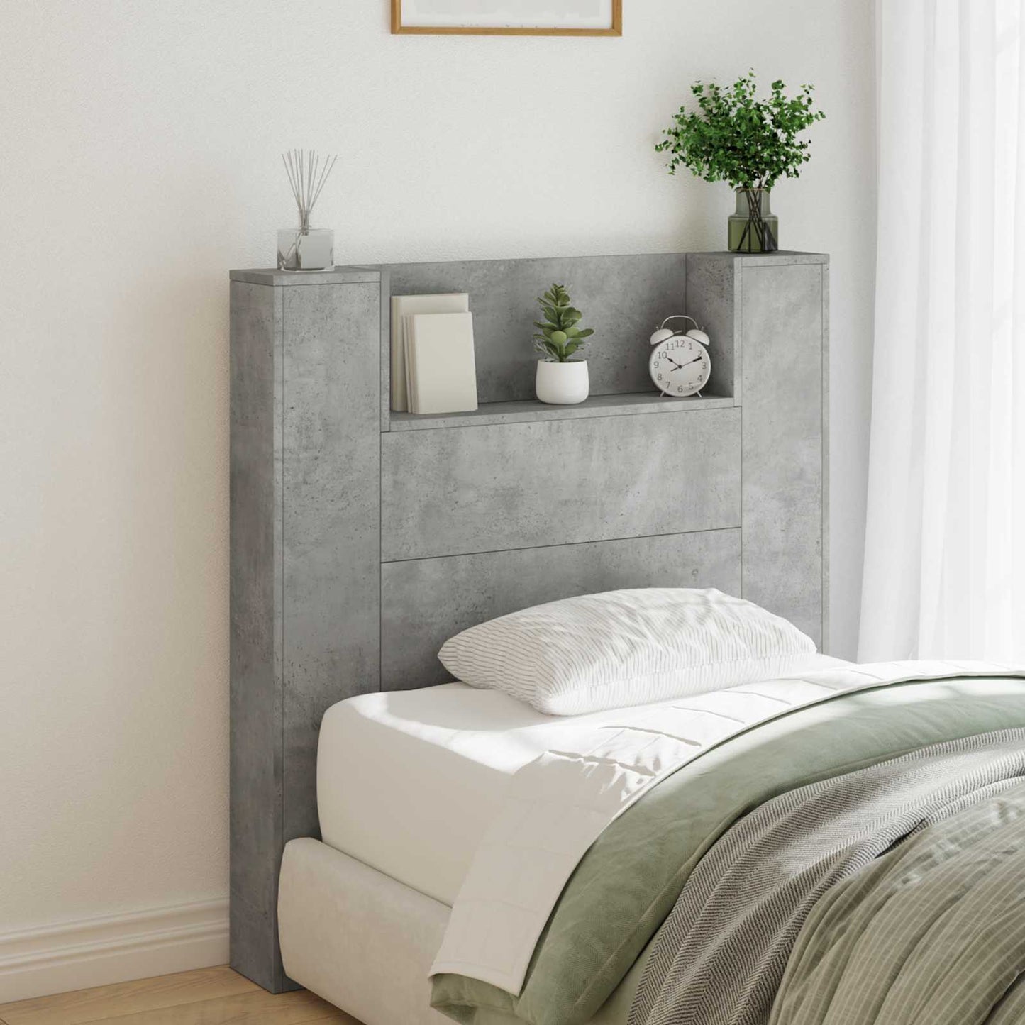 Storage Headboard with LED Concrete Grey Engineered Wood