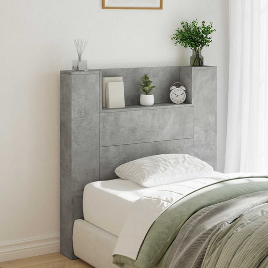 Storage Headboard with LED Concrete Grey Engineered Wood