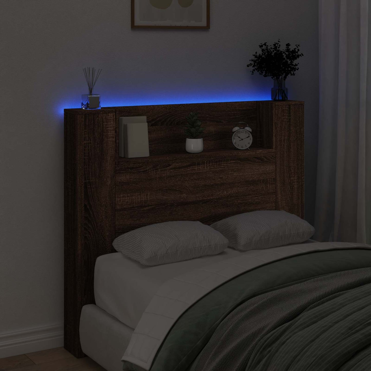Storage Headboard with LED Brown Oak Engineered Wood