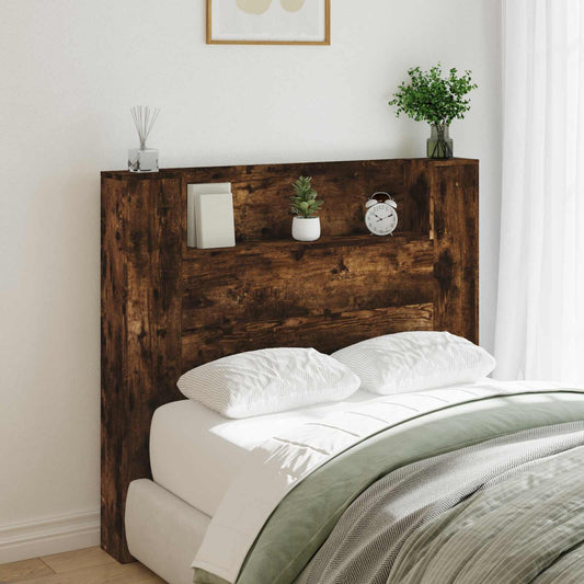Storage Headboard with LED Smoked Oak Engineered Wood