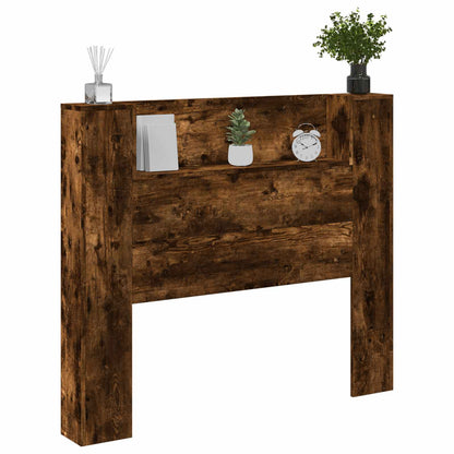 Storage Headboard with LED Smoked Oak Engineered Wood