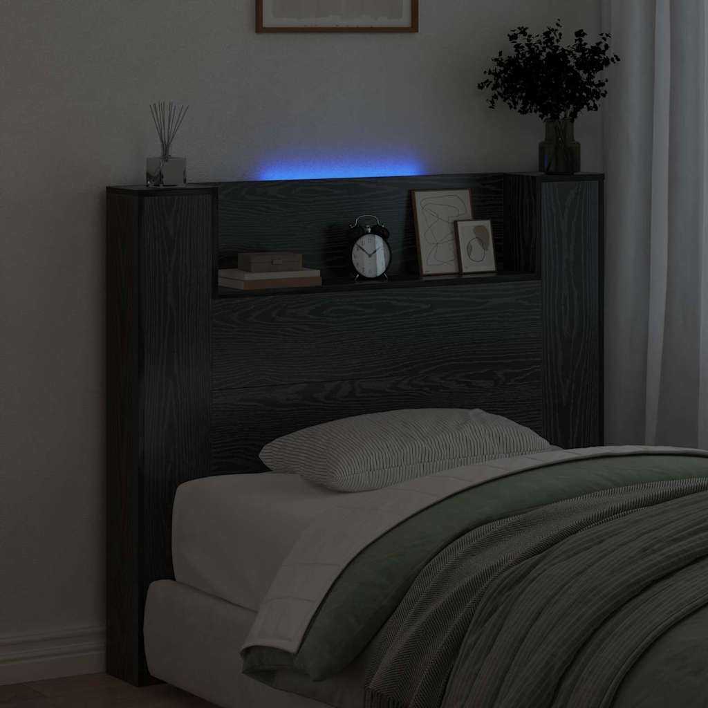 Storage Headboard with LED Black Oak Engineered Wood