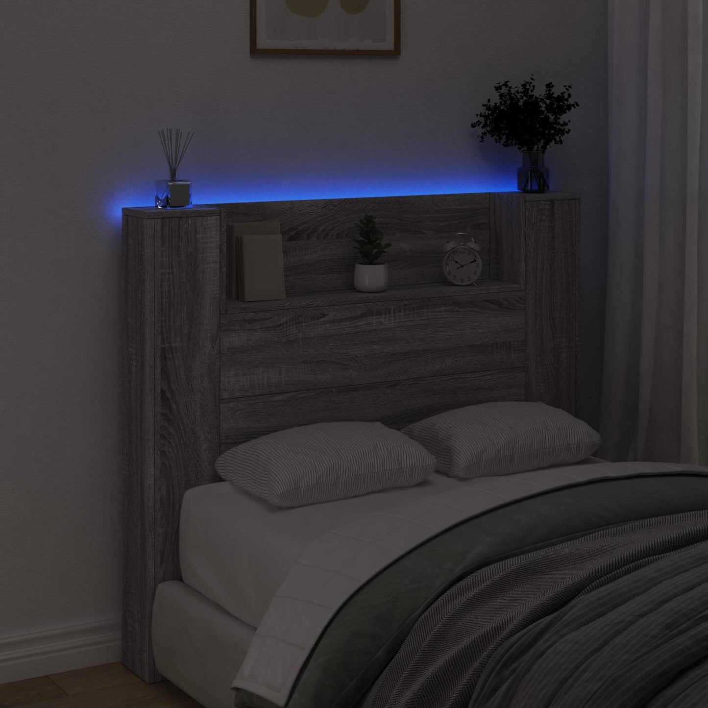 Storage Headboard with LED Grey Sonoma Engineered Wood
