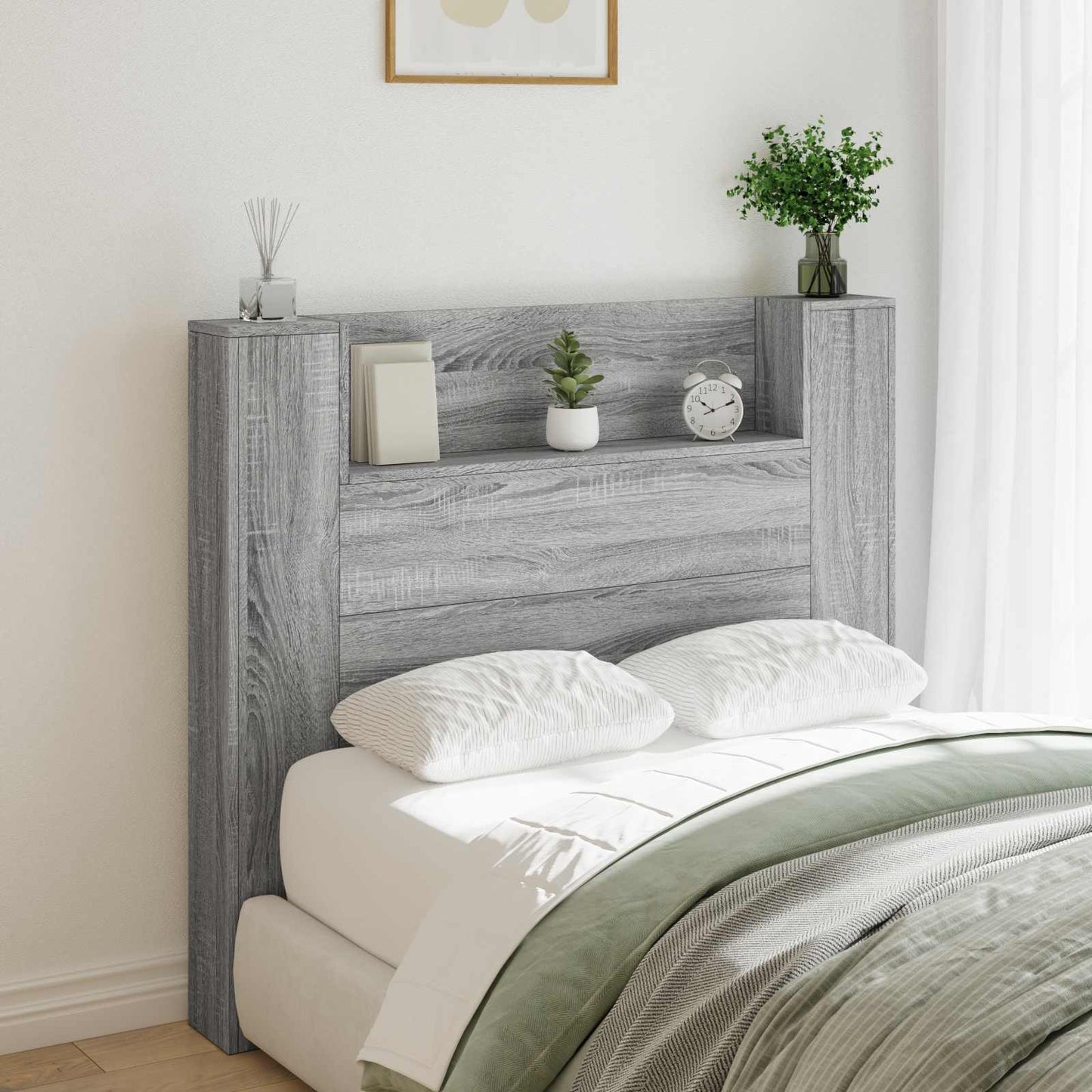 Storage Headboard with LED Grey Sonoma Engineered Wood