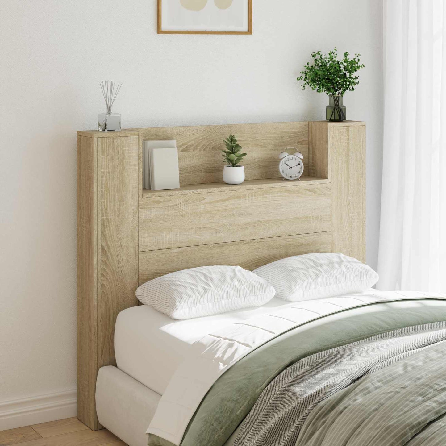 Storage Headboard with LED Sonoma Oak Engineered Wood