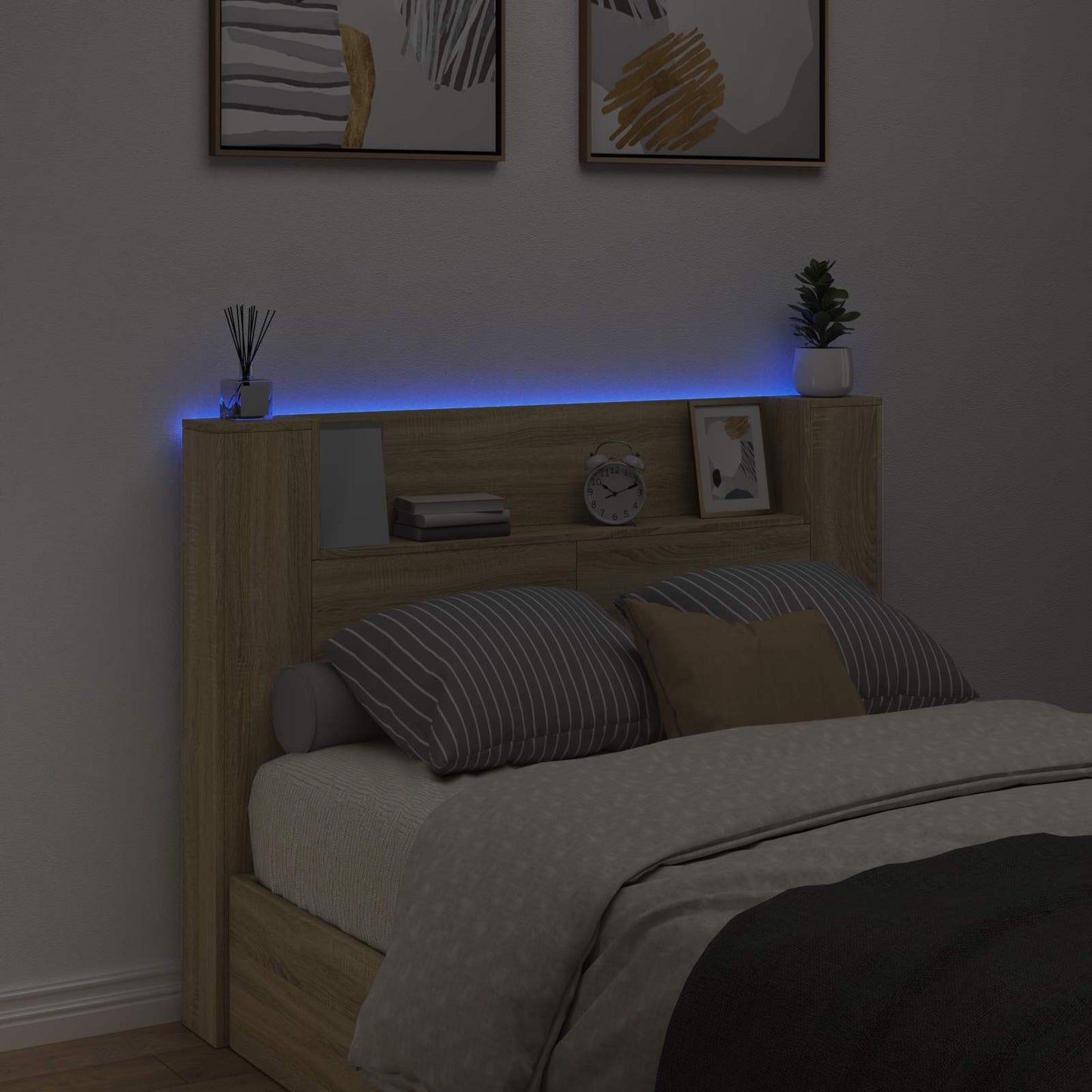 Storage Headboard with LED Sonoma Oak Engineered Wood