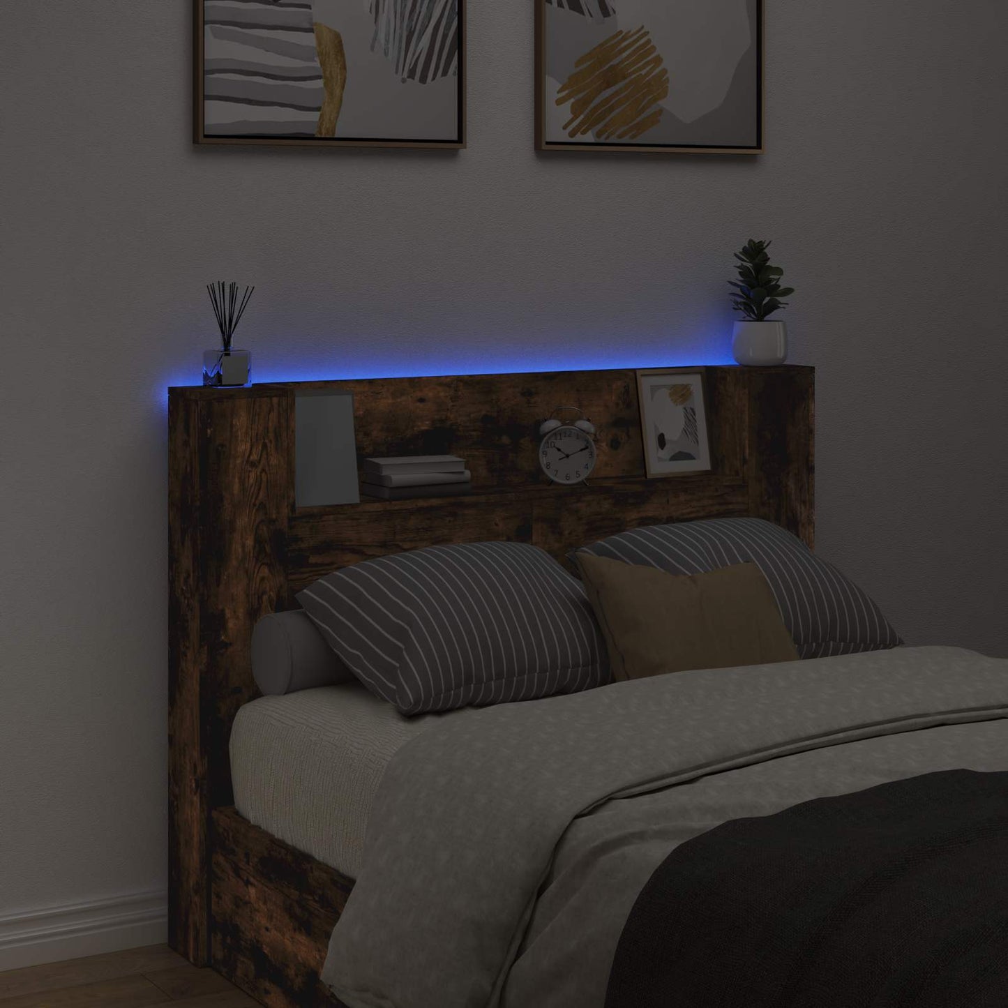 Storage Headboard with LED Smoked Oak Engineered Wood