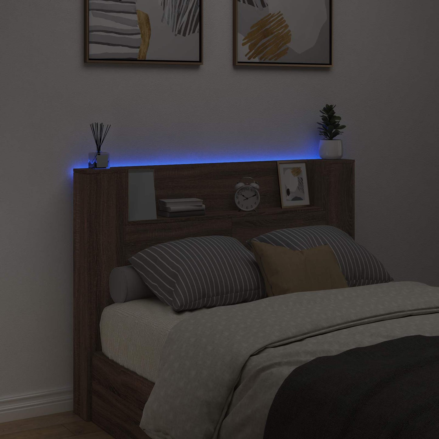 Storage Headboard with LED Brown Oak Engineered Wood