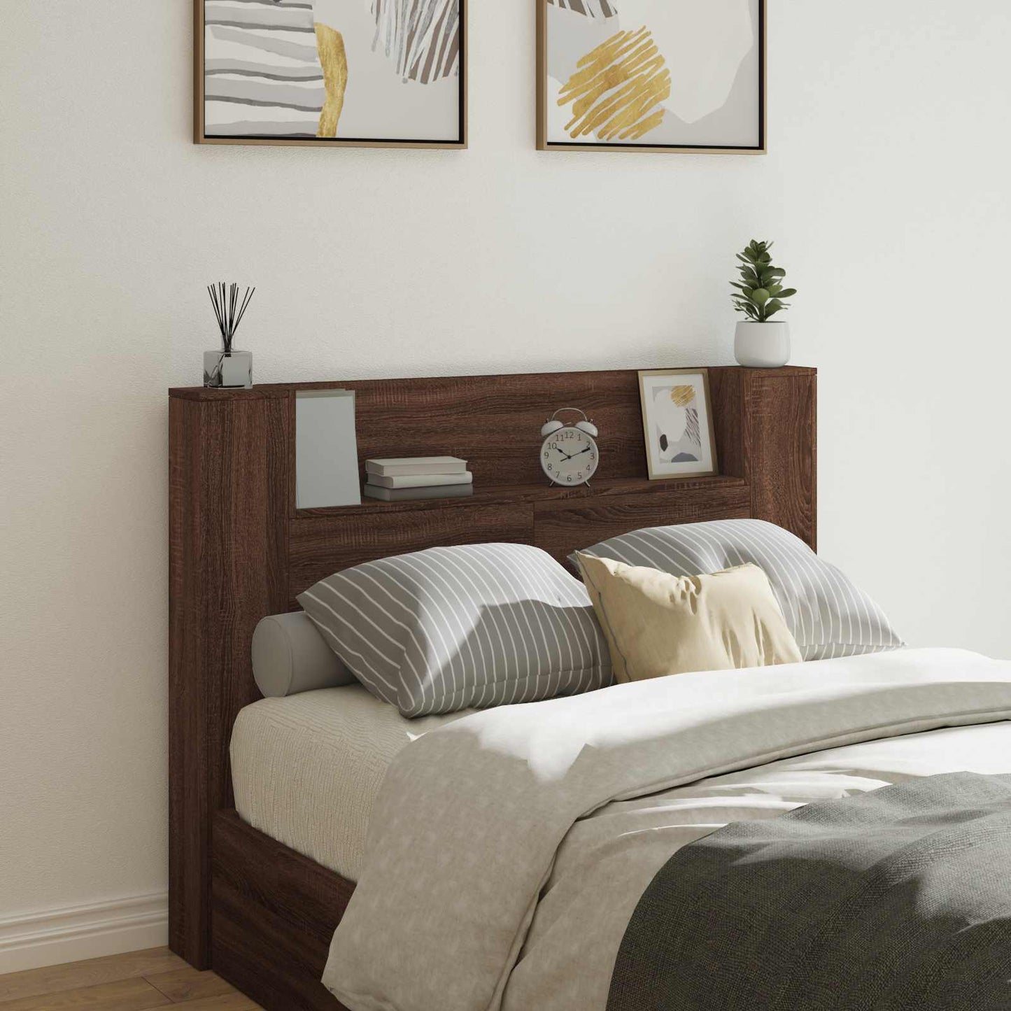 Storage Headboard with LED Brown Oak Engineered Wood