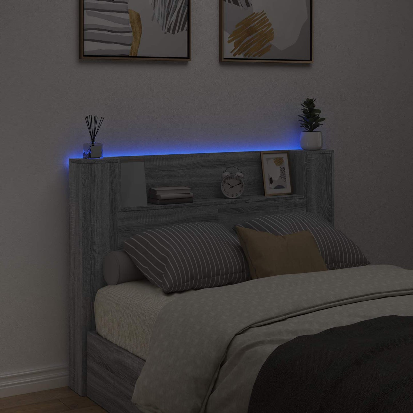 Storage Headboard with LED Grey Sonoma Engineered Wood