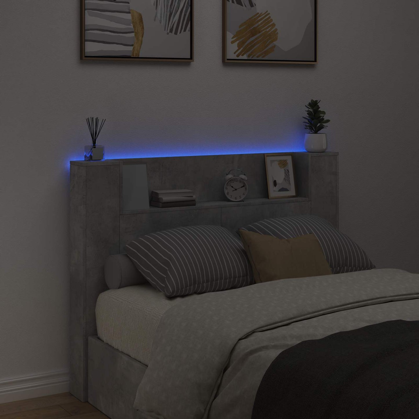 Storage Headboard with LED Concrete Grey Engineered Wood