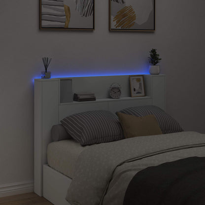 Storage Headboard with LED White Engineered Wood
