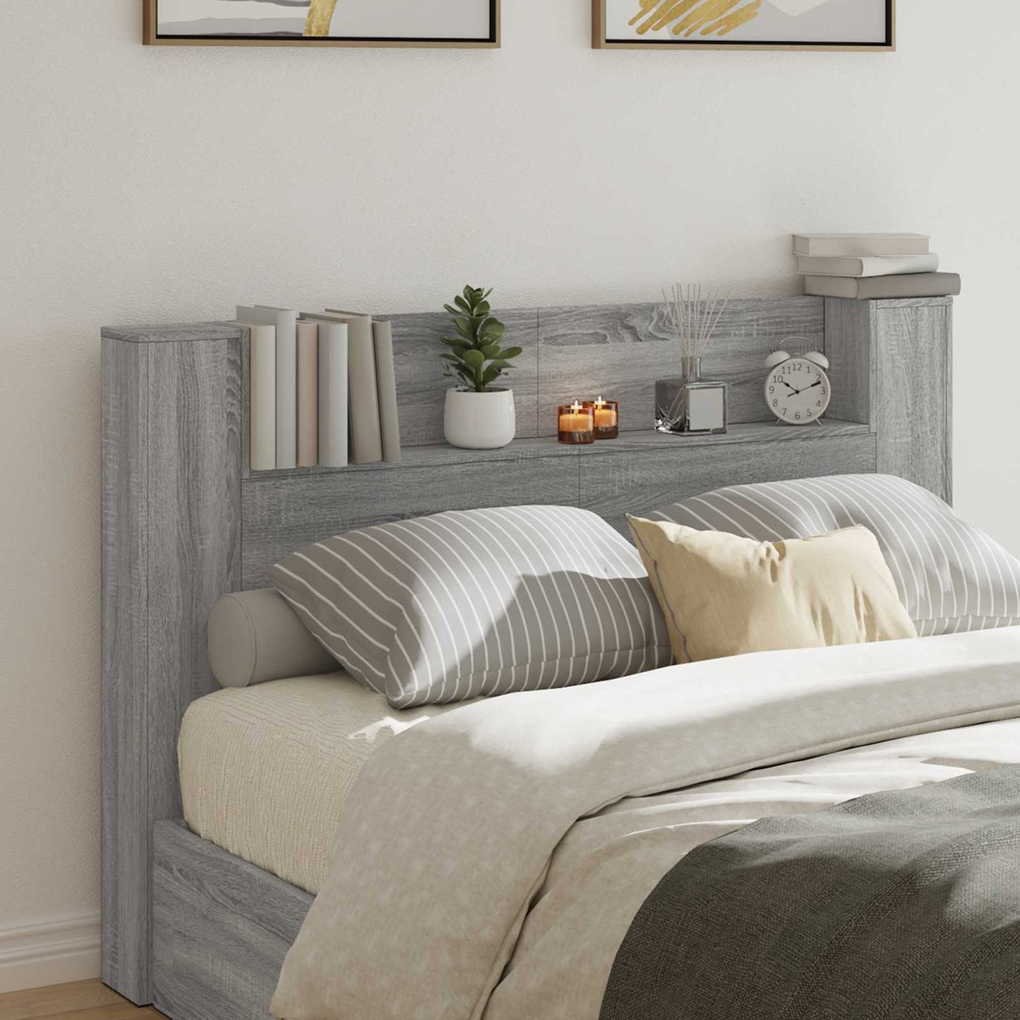 Storage Headboard with LED Grey Sonoma Engineered Wood