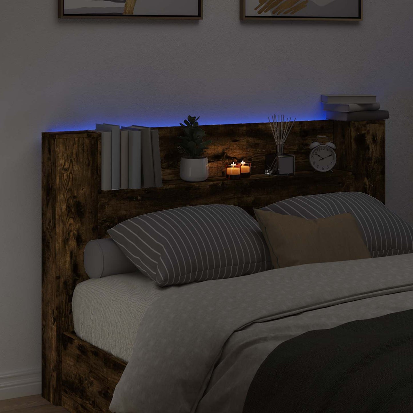 Storage Headboard with LED Smoked Oak Engineered Wood