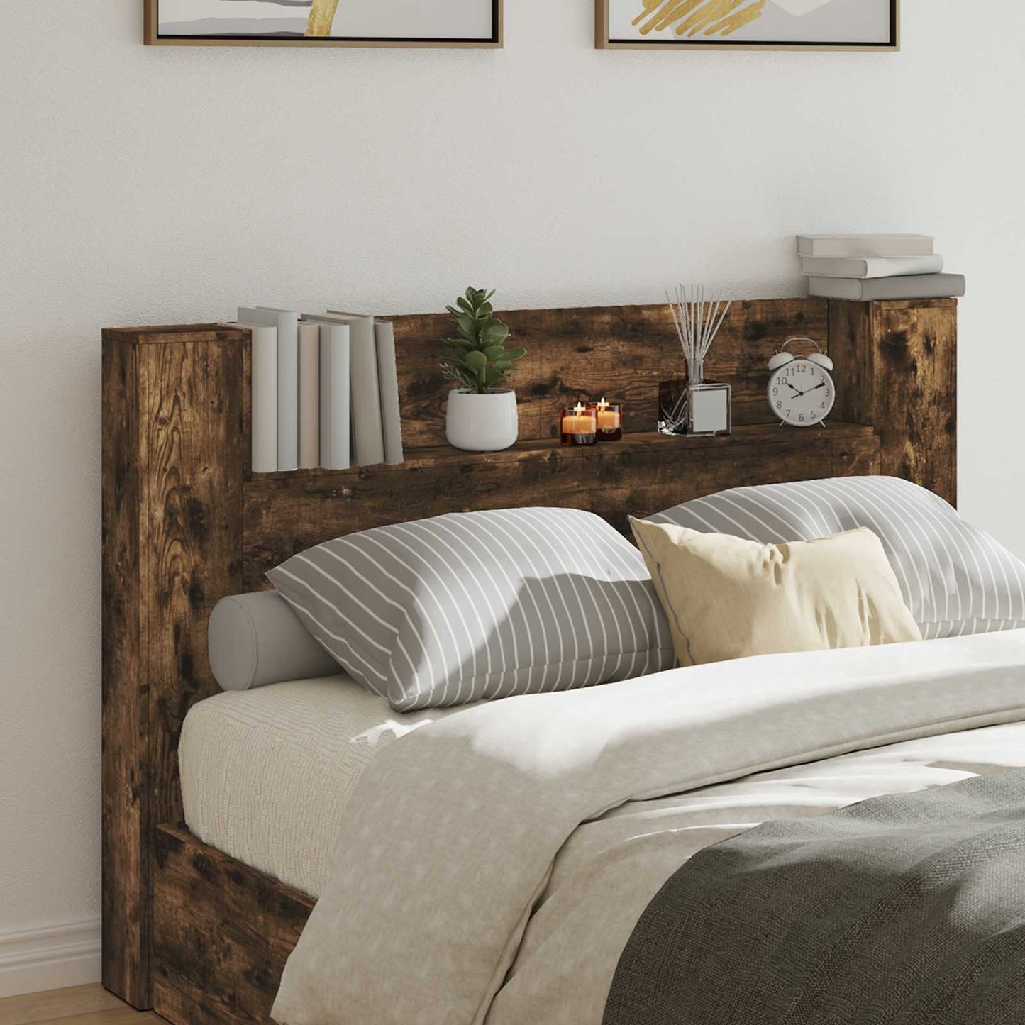Storage Headboard with LED Smoked Oak Engineered Wood