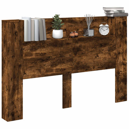 Storage Headboard with LED Smoked Oak Engineered Wood