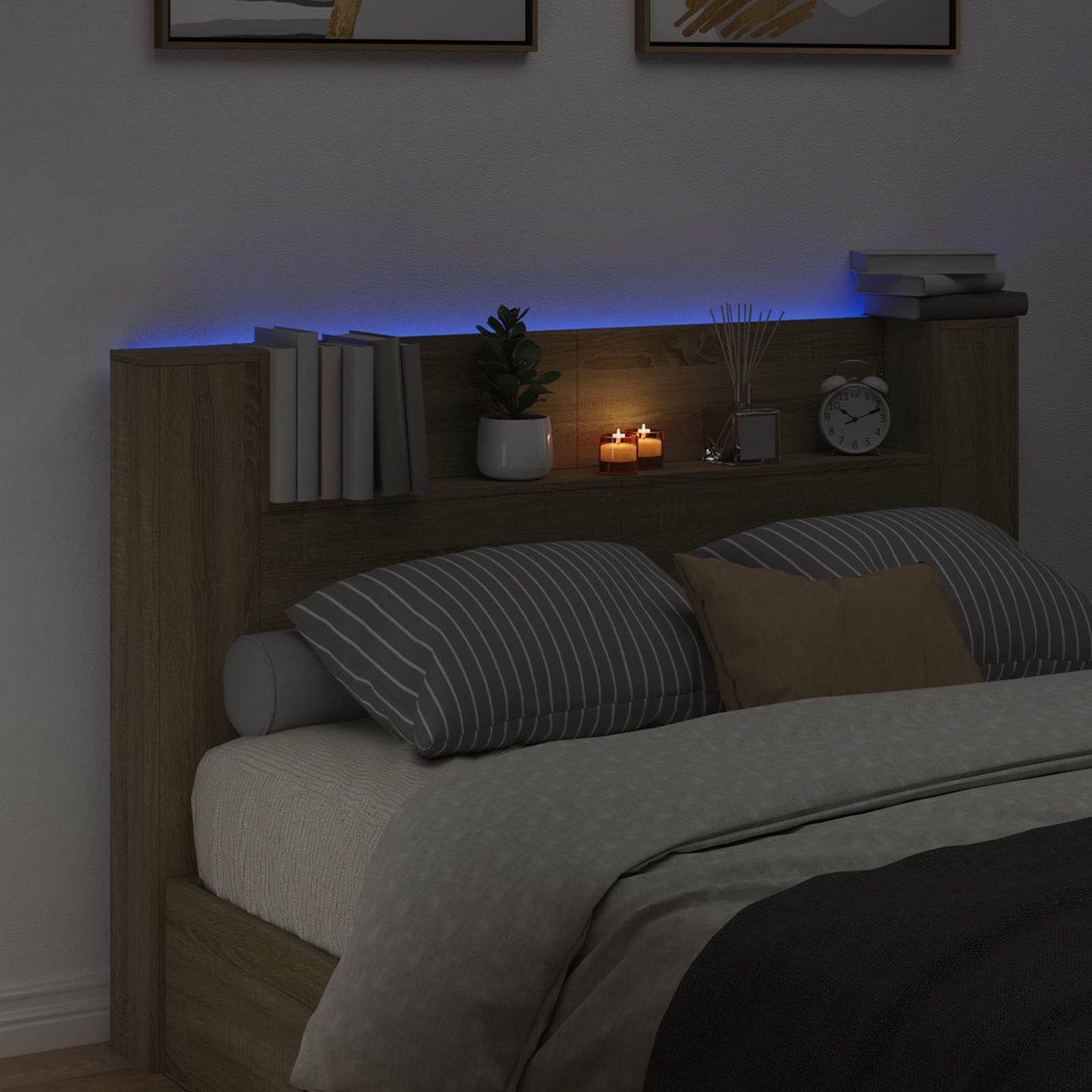 Storage Headboard with LED Sonoma Oak Engineered Wood