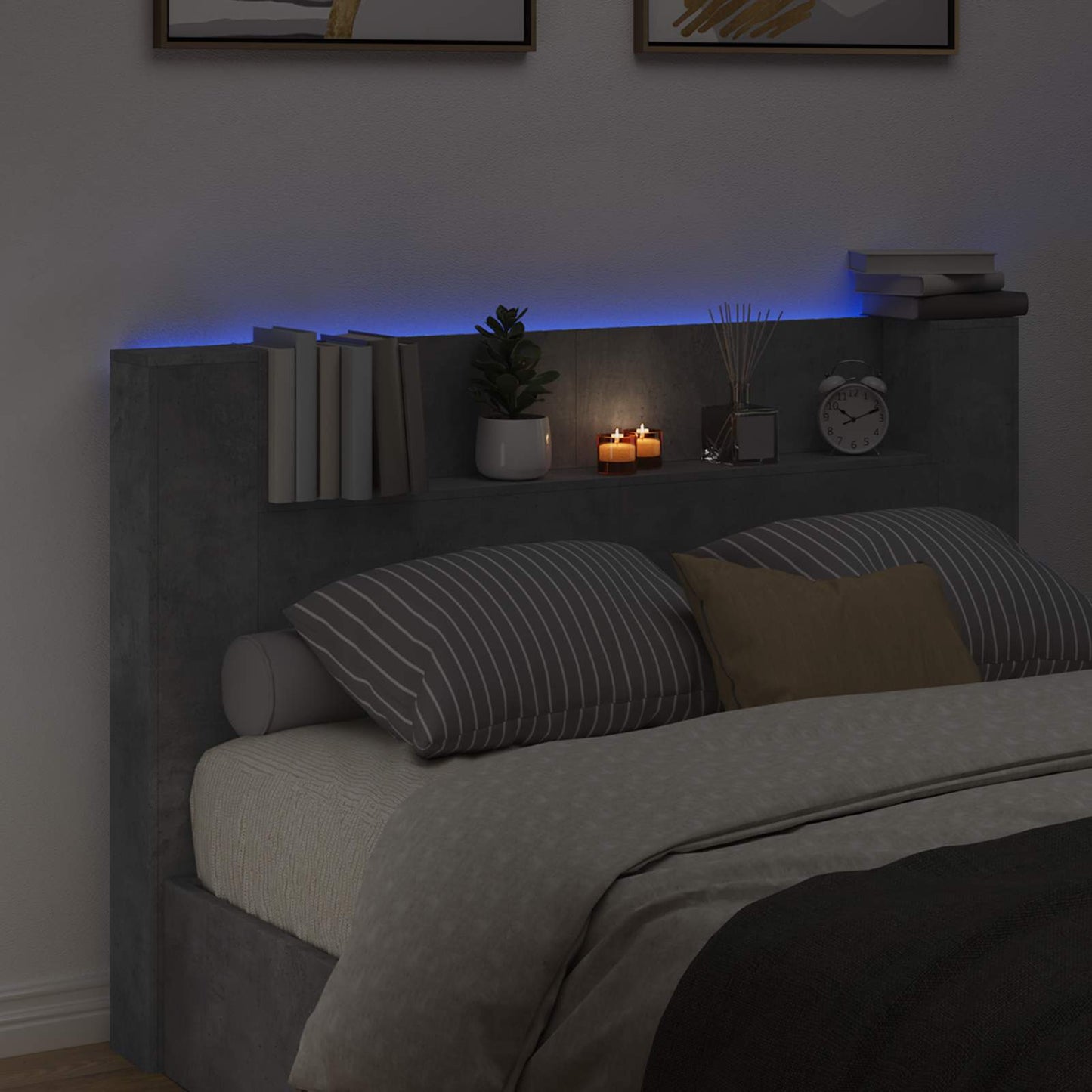 Storage Headboard with LED Concrete Grey Engineered Wood