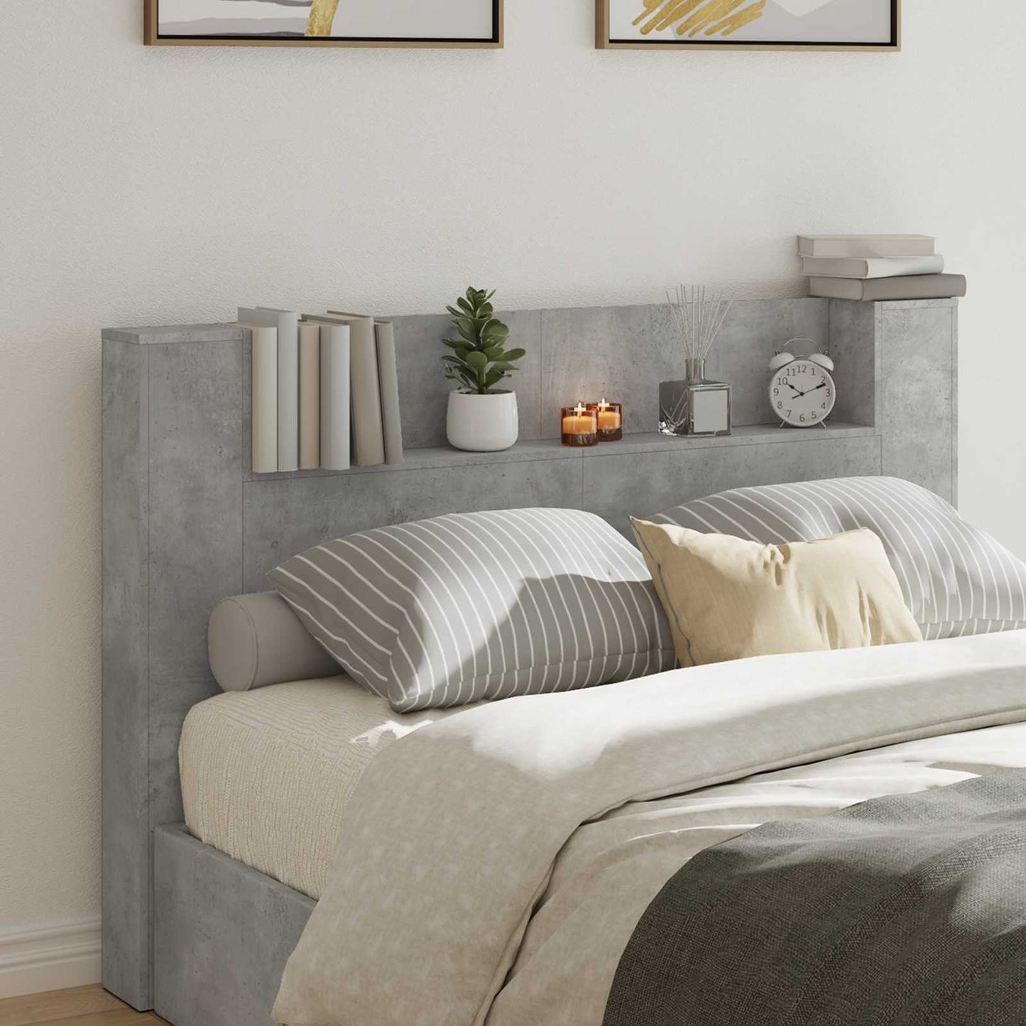 Storage Headboard with LED Concrete Grey Engineered Wood
