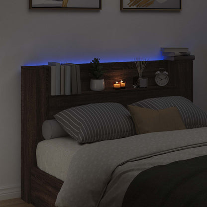 Storage Headboard with LED Brown Oak Engineered Wood