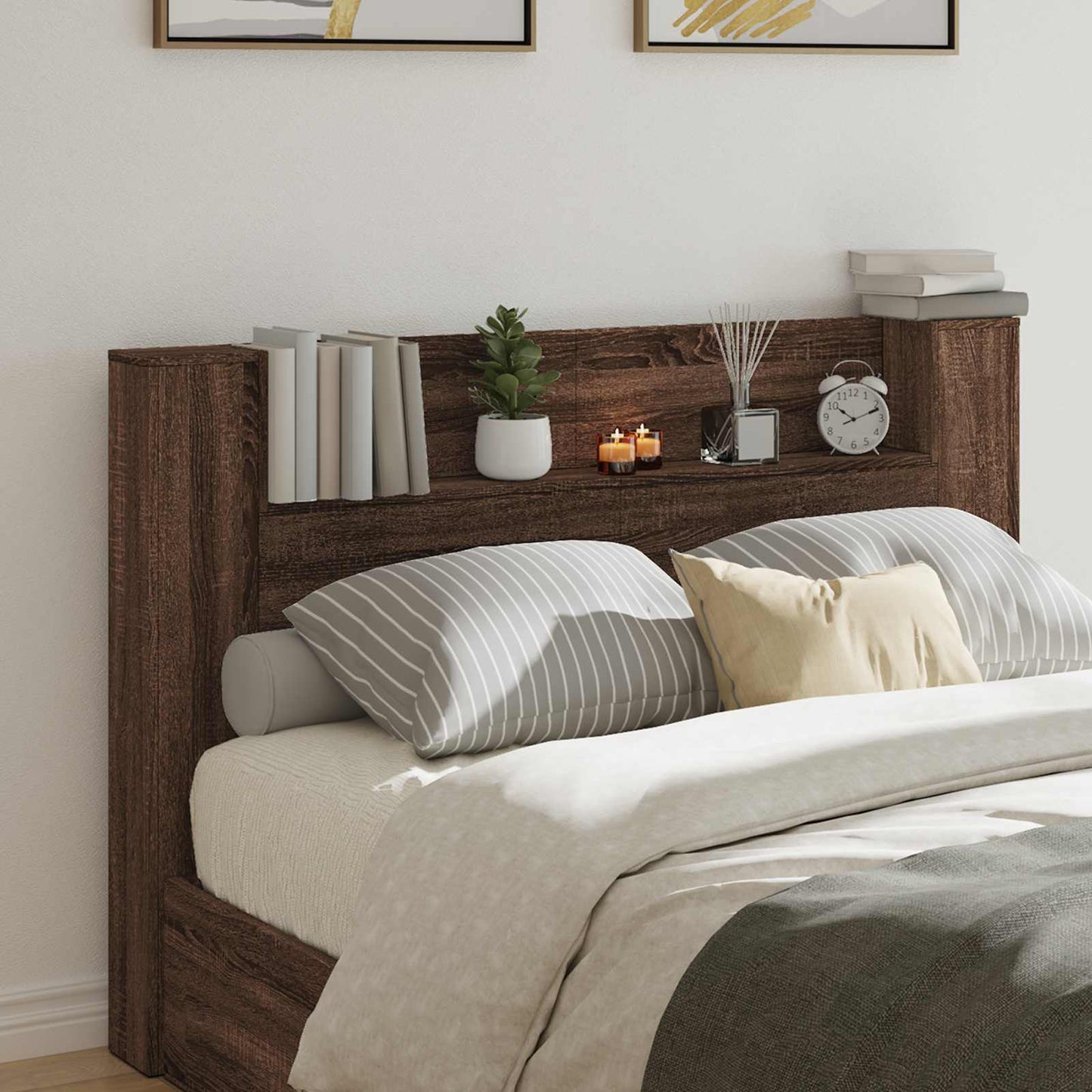 Storage Headboard with LED Brown Oak Engineered Wood