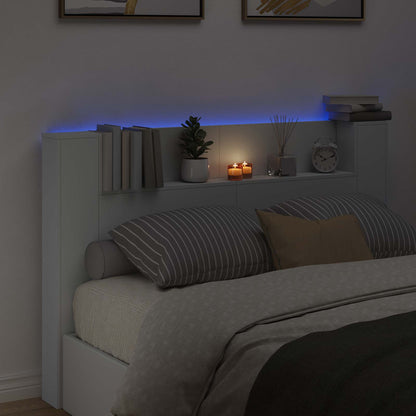 Storage Headboard with LED White Engineered Wood