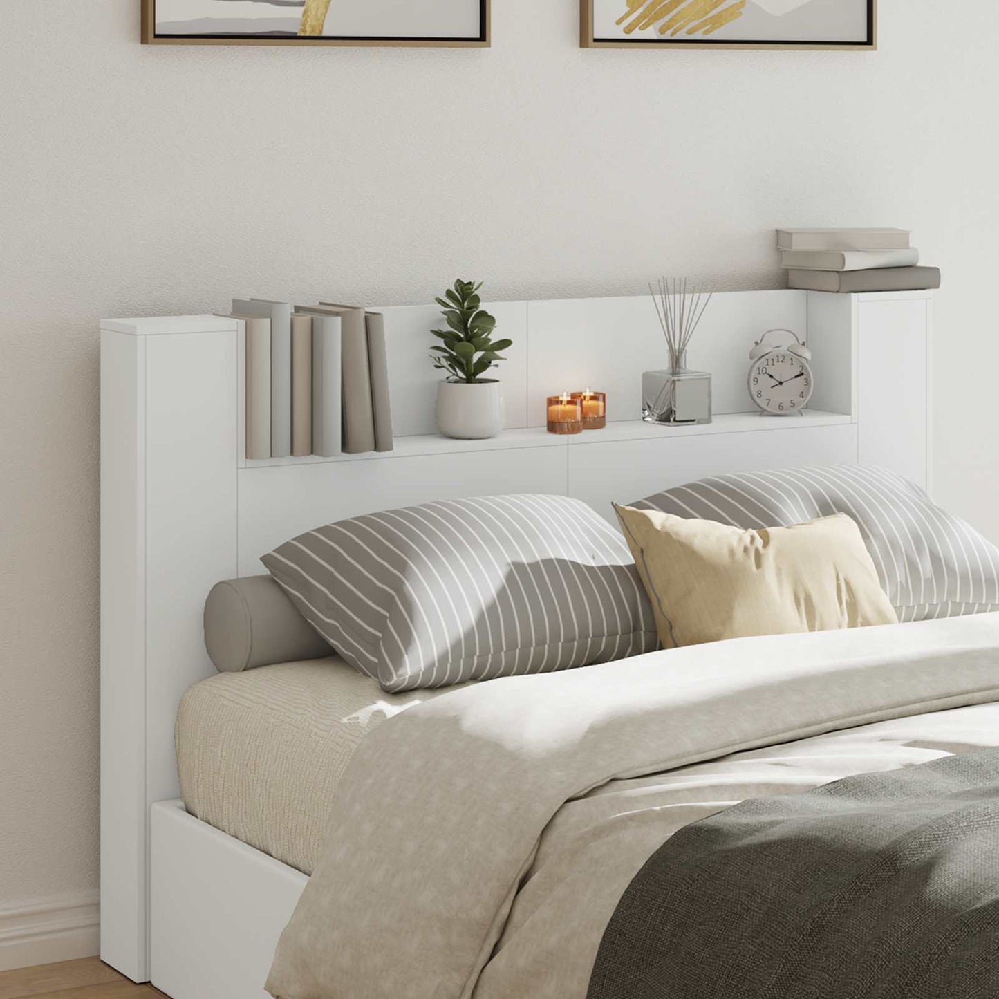 Storage Headboard with LED White Engineered Wood