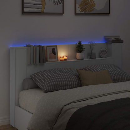 Storage Headboard with LED White Engineered Wood